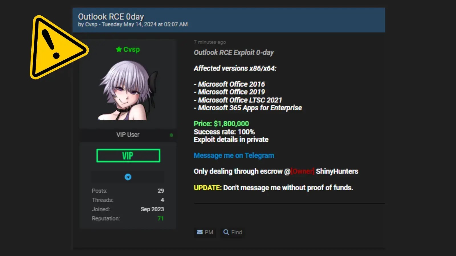 Beware! Threat Actor Selling Outlook RCE 0-Day on Hacking Forums